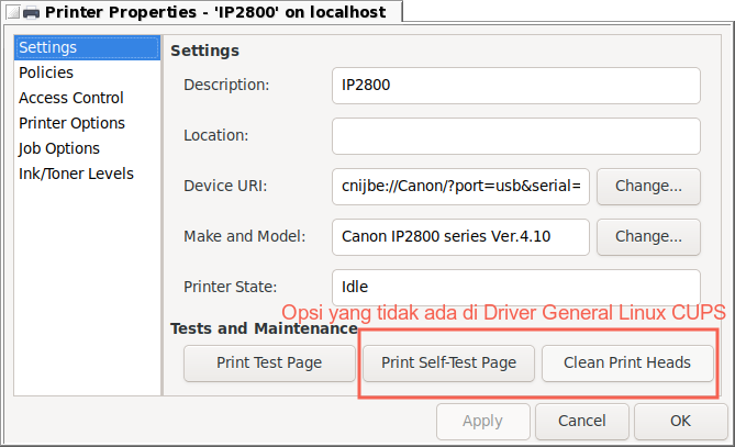 Contoh Printter Settings dengan Linux RPM Driver IP2800